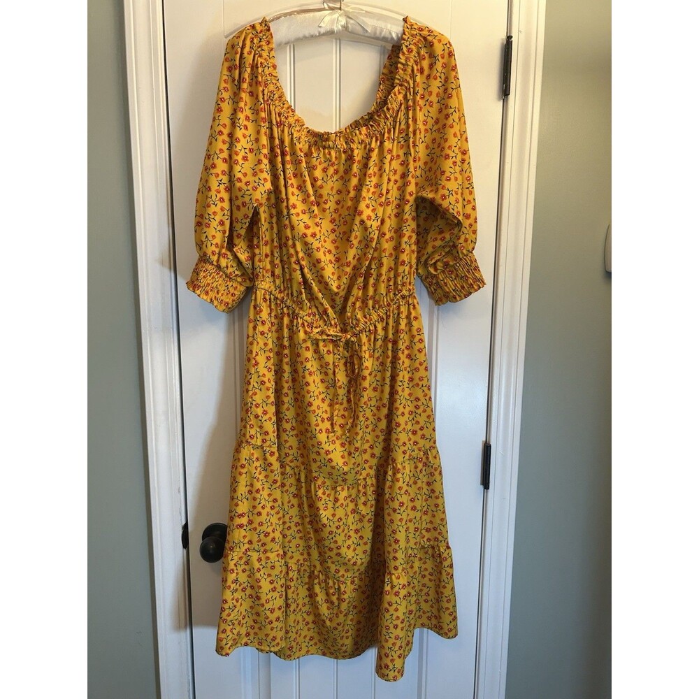 Indulge in Style 1X Yellow Floral Boho Midi Dress Smocked Cottagecore Chic - Picture 2 of 13